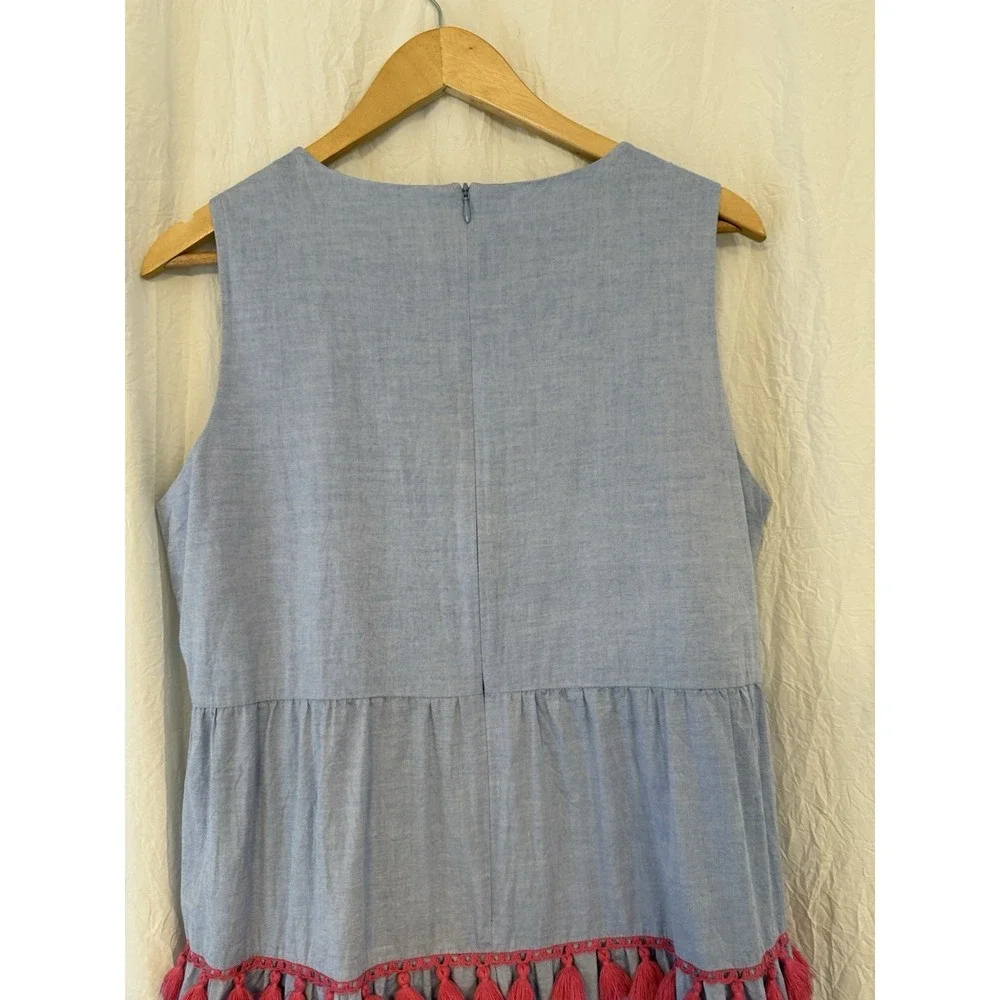 Eliza J Dress Size 14 Blue Chambray Pink Tassels Sleeveless Tiered Dress Preppy - Picture 7 of 9